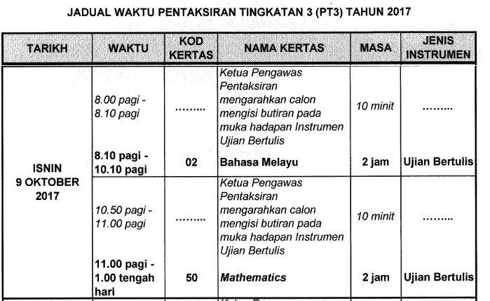 Jadual Waktu Peperiksaan PT3 2017 - MyPendidikan